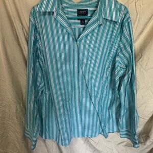 Chaps women’s Teal and White Striped Button Down Shirt